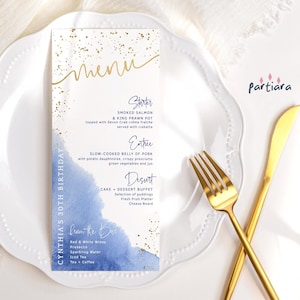 Koningsblauwe menukaart verjaardagsdiner afdrukbaar, tafelmenu's heren, elegant witgoud decor, bewerkbare sjabloon download P260