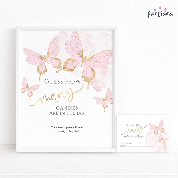 Butterfly Guess How Many Candies Game, Girl Baby Shower Party Activity Game Sign and Note Cards, DIY Printable Editable Games Poster P6