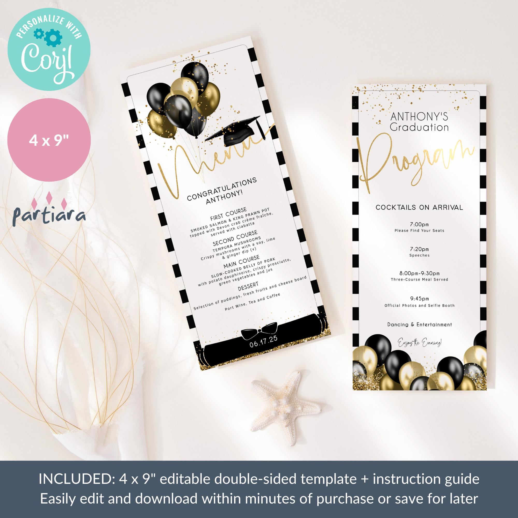 Grad Balloon Menu Graduation Program Menu Template Card Printable, Editable Grad Dinner ...