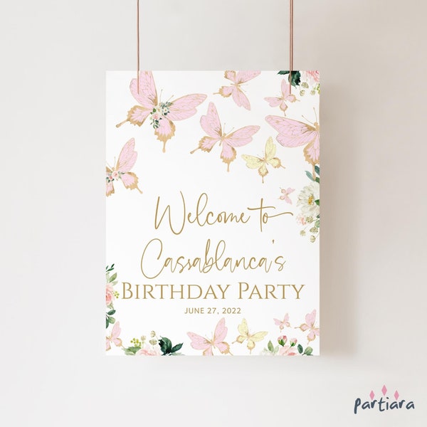 Floral Butterfly Welcome Sign Baby Shower Party Welcome Poster Decor Girl Blush Pink 1st Birthday Printable Editable 18x24 Template P276