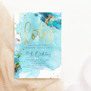 40. Geburtstag lädt ein Türkis Blau und Gold Sommer Strand Party Einladung DIY druckbare bearbeitbare Vorlage P132
