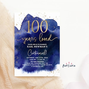 Modèle d'Invitation 100e anniversaire pour homme, 100 ans d'amour à dîner sur invitation, impression décoration or bleu royal, téléchargement numérique modifiable P627