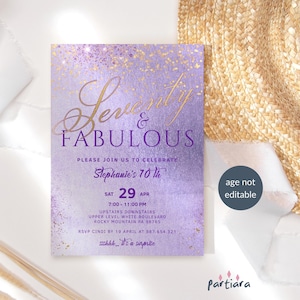 Purple 70th Birthday Invitation Template, Lilac Seventy and Fabulous Party Invite Printable, Ladies Surprise Dinner Card, Editable P139 P264