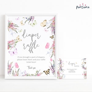 Baby Wildblumen Windelspiel Zeichen Mädchen Baby Shower Party Spiele Tisch Poster Dekor und Notecard Set druckbare Blumen Schmetterling P256