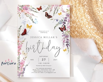 Wildflower Butterfly Invite Birthday Party Invitations Ladies Garden Brunch Tea Party Invites Printable Editable Digital Download P256