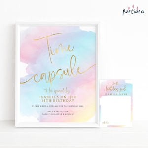 Rainbow Time Capsule verjaardag geheugen aandenken meisje 1e verjaardagsfeestje teken en notitiekaarten afdrukbare bewerkbare digitale downloadsjabloon P179