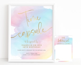 Peut inclure: Une pancarte de capsule temporelle de style aquarelle avec des lettres dorées. La pancarte dit "Time Capsule" et "To be opened by Isabella on her 18th Birthday". Il y a une petite carte qui dit "For the birthday girl Isabella Jayne".
