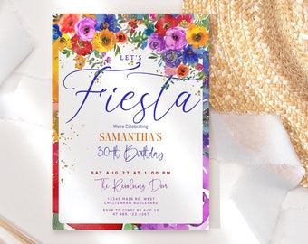 Let's Fiesta Birthday Invitation Printable Ladies Floral Spring Garden Party Invite Editable Download Template Bright Rainbow Decor P577