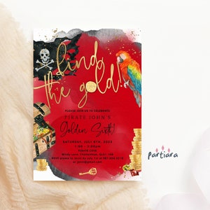 Piraten-Geburtstags-Einladung finden die goldenen Jungen Goldene Party-Einladung Schatzsuche Druckbare Bearbeitbare Digitaler Download P758