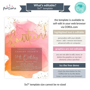 Girls 14th Birthday Invite Digital Download, Summer Party Invite Template, Pink Orange Peach Decor, Editable Card P722 image 2