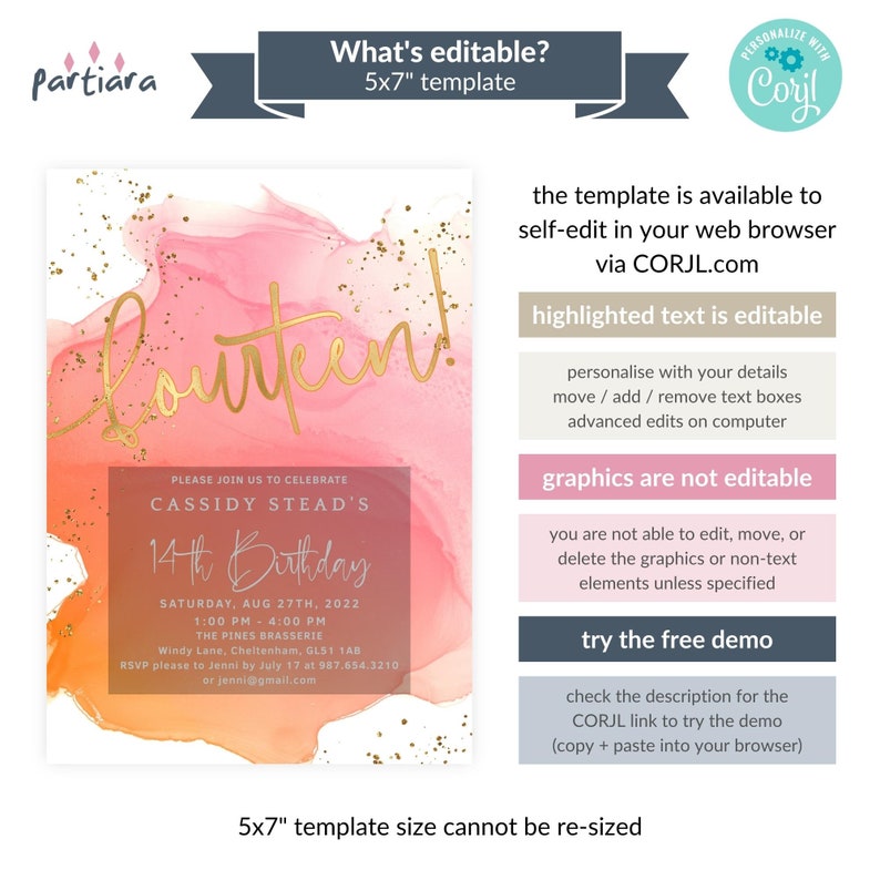 Girls 14th Birthday Invite Digital Download, Summer Party Invite Template, Pink Orange Peach Decor, Editable Card P722 image 2