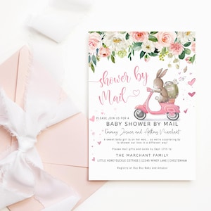 Invitación de baby shower de conejito por correo para niña, invitación para fiesta a distancia, imprimible, editable, descarga de plantilla, rosa ruborizado, floral, P302
