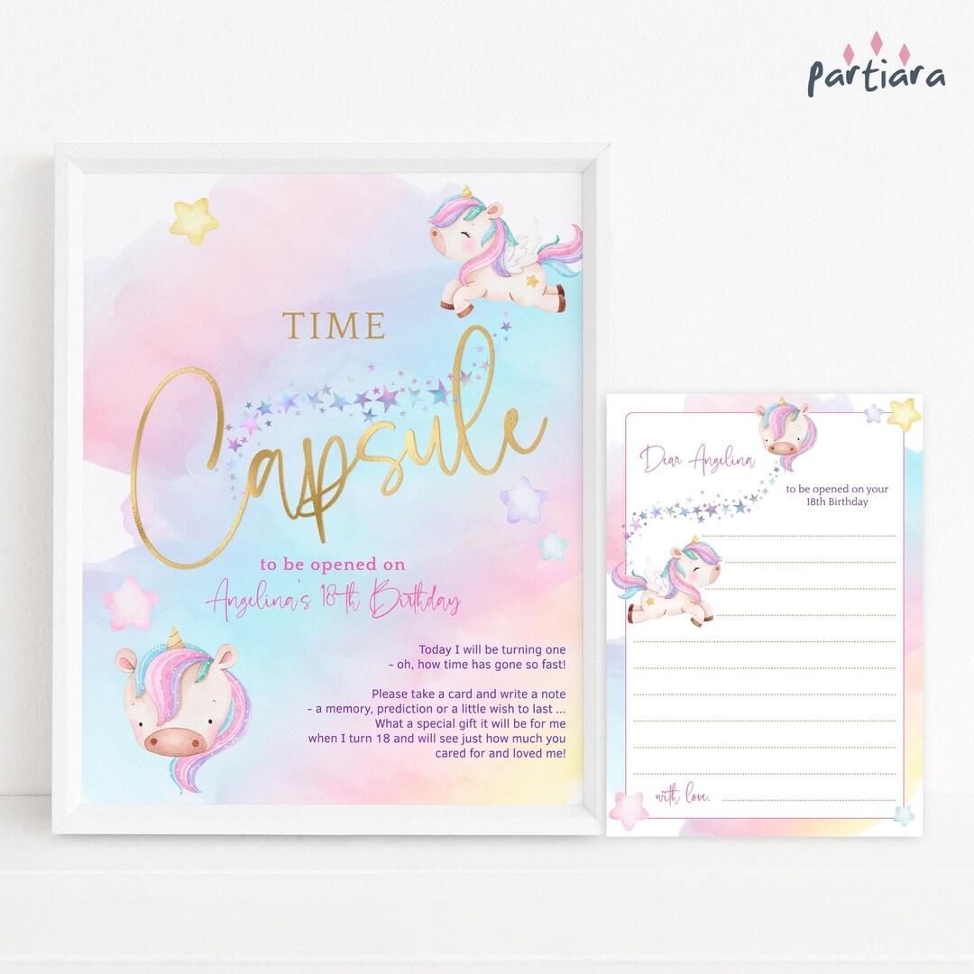 Unicorn Time Capsule 1st Birthday Party Sign and Notecard Set for Girls ...