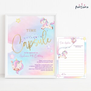 Conjunto de cartazes e cartões de visita para festa de 1º aniversário da Unicorn Time Capsule para meninas, pôster de decoração de festa de arco-íris pastel para impressão, download editável P179