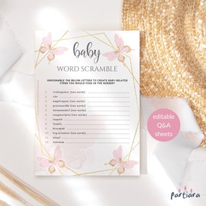 Butterfly Baby Shower Game, Word Scramble Editable Template, Girls Party Activity Printable, Pastel Pink Gold Decor, Digital Download P293