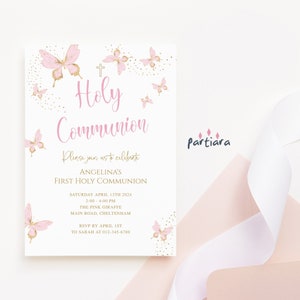 Plantilla de invitación de comunión con mariposas, invitación de primera comunión para niñas en rosa pastel, imprimible, tarjeta de descarga digital editable P293