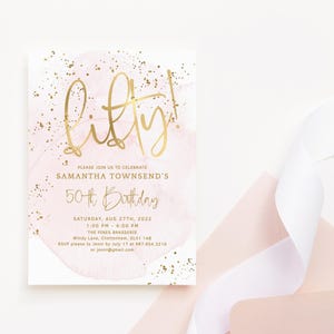 50. Geburtstagseinladung Digitaler Download Vorlage für Frauen Druckbare, Pastell Rosa Gold Überraschungs-Dinner-Party einladen Bearbeitbare Vorlage P249