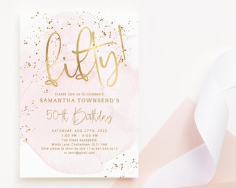 50th Birthday Invitation Template, Pastel Pink and Gold (Digital Download) P249