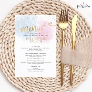 Modèle de carte de menu pastel baby shower, sexe garçon fille révéler les menus de Table de fête imprimables, décor nuages roses bleus, téléchargement modifiable P16