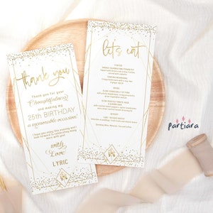Modello di menu per cena, menu di compleanno stampabili, biglietto di ringraziamento per il tavolo della festa nuziale in oro bianco, download digitale modificabile P493