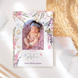 Cartão de você será meu padrinho, cartões de proposta de batismo para uma menina, borboleta floral de flores silvestres para impressão, modelo digital editável P256