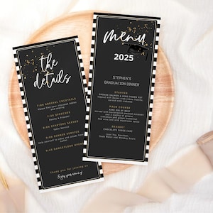 Modelo de programa de formatura editável com menu, cartões de evento listrados em preto e branco para impressão, download digital editável P377