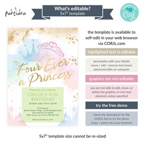 Princess Invite 4th Birthday Four Ever a Princess Fairytale Party Invitation Printable Pastel Blue Pink Castle Carriage Decor Editable P137 image 3