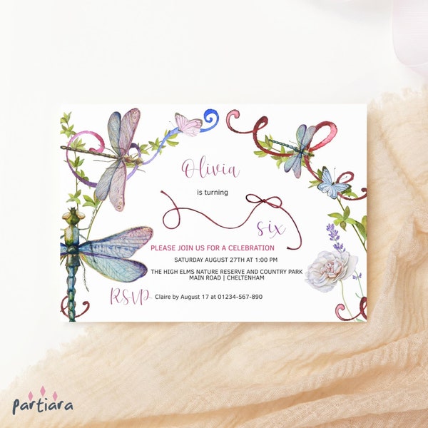 Dragonfly Birthday Invitation Girl Printable Garden Tea Party Invite Editable Outdoor Nature Picnic Party Cards Digital Download Template