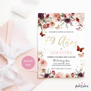 79th Birthday Invitation Spanish Party Template, Ladies Pink Purple Floral Butterflies Invite Printable, Editable Digital Download P173
