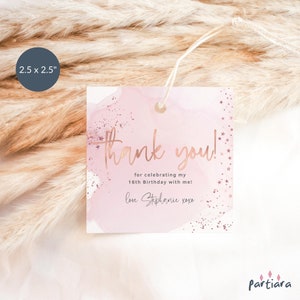 Rose goud dank u tag sjabloon, verjaardag gunst cadeaukaartjes afdrukbare, label tienermeisjes of dames evenementen, pastelroze decor, bewerkbare P458