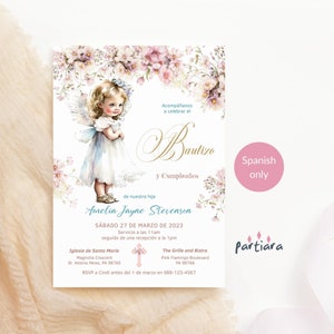 Modelo de convite de batismo espanhol rosa, convite para festa conjunta de meninas Baby Angel para impressão, cartão floral de 1º aniversário, download editável P859