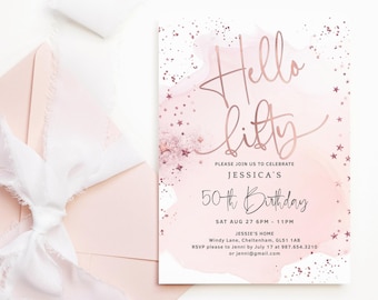 50th Birthday Invitation Template for Her: Hello Fifty Pink Dinner Party Invite Printable (P458)