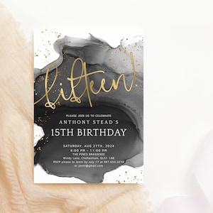 15th Birthday Invitation Template, Boys Turning 15 Party Invite Printable, Black and Gold Decor, Editable Digital Download Card P268