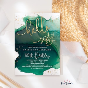 60th Birthday Invitation Emerald Green Template, Hello Sixty Ladies Dinner Party Invite Printable, Editable Digital Download P257