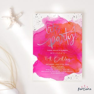 Modèle d'anniversaire d'invitation de fête, adolescentes ou dames tropicales à dîner, invitation imprimable, carte modifiable orange rose vif P200