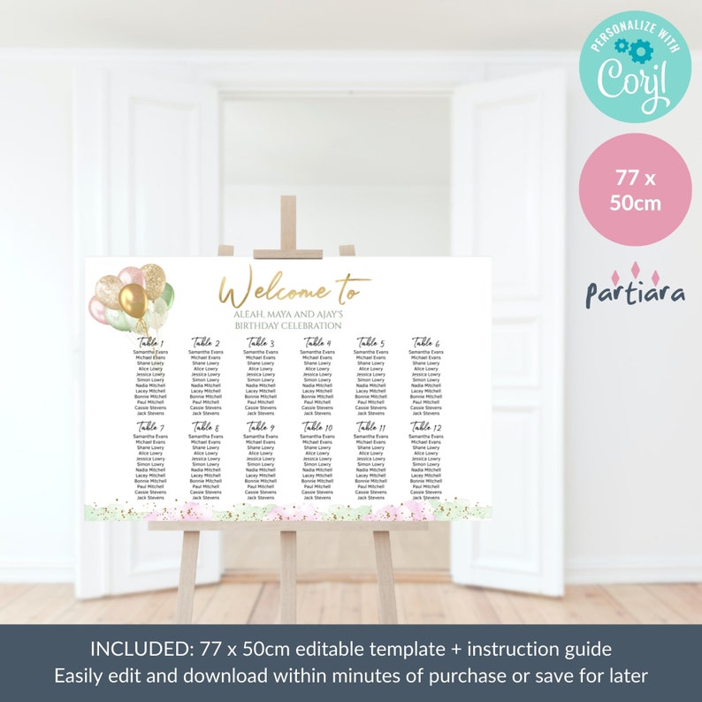 Birthday Seating Chart Template, Ladies Dinner Party Table Seating Sign
