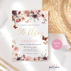 Uitnodiging dames 50e verjaardag bloemen Spaans Fiesta vlinder diner uitnodiging afdrukbare bewerkbare downloadsjabloon Blush roze rood P173