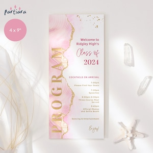 May include: A pink and gold graduation programme for Ridgley High's Class of 2024. The programme lists the schedule of events for the evening, including cocktails, speeches, dinner, and dancing.