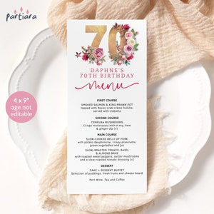 Modèle de Menu floral 70e anniversaire, menus de Table modifiables roses rouges roses imprimables, dîner des dames des années 70, téléchargement modifiable P195