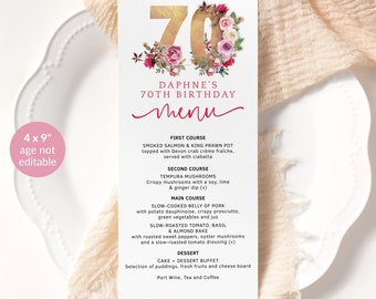 Floral 70th Birthday Menu Template, Editable Pink Red Rose Table Menus Printable, Ladies Seventieth Dinner Party, Editable Download P195