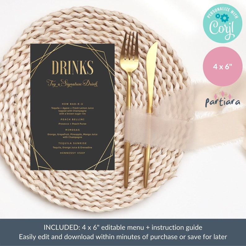 Black Gold Signature Drinks Menu Birthday Cocktails Bar Menus Etsy
