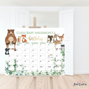 Baby Due Date Calendar Game, Woodland Baby Shower Sign, Neutral Greenery Forest Decor Printable, Guess Babys Birthday Editable Template P124