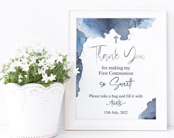 Kommunion Danke Tischschild Druckbar, Jungen Erstkommunion Favor Geschenke Poster Dekoration, Marineblau Silber, Bearbeitbare Vorlage P263