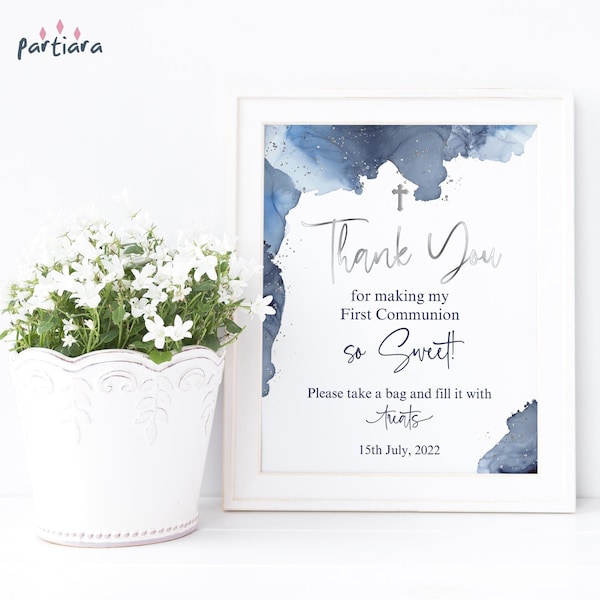 Navy Blue Silver Thank You Sign Boy Communion Party Sweet Treats Favors Gift Table Poster Decor Printable Editable Digital Download P263