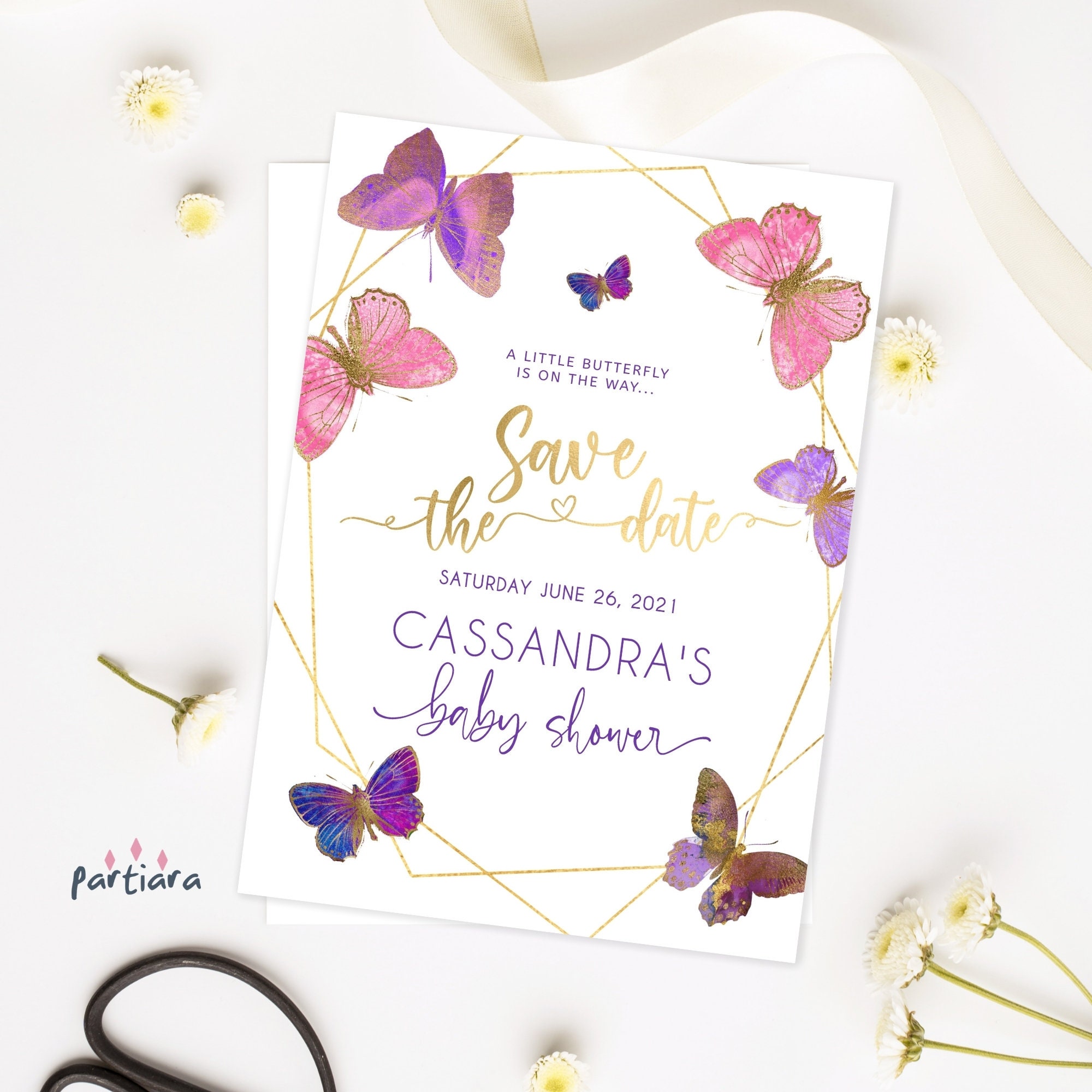 Butterfly Save the Date Card Editable Girl Baby Shower Etsy