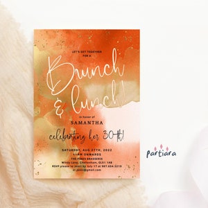 Orange Gold Birthday Brunch and Lunch All Day Party Invitation Printable for Ladies Celebrations Printable Editable Digital Download P417