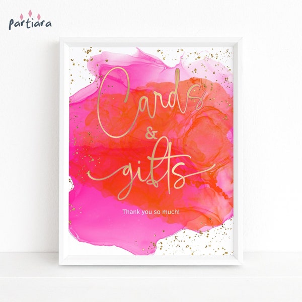 Hete roze oranje geschenken en kaarten teken dames afstuderen partij tafel poster decor afdrukbare Fuchsia goud afdrukbare bewerkbare sjabloon P200