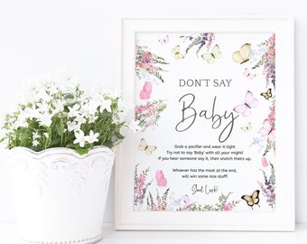Don't Say Baby Game, Wildflower Baby Shower Table Poster Printable, Floral Butterfly Party Decor, Editable Template Download P256