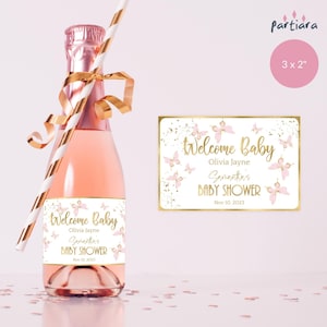 Modello di etichetta per bomboniera per mini vino per baby shower, etichette per brindisi a forma di farfalla stampabili per bambine, decorazioni rosa pastello, download modificabile P293
