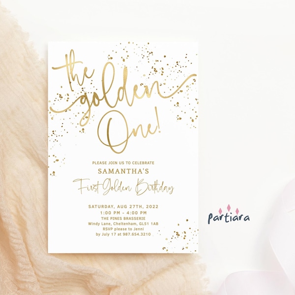 Golden One First 1st Birthday Invite Boy Girl Golden Party Invitation Editable Digital Download Template All White Gold Decor Printable P493